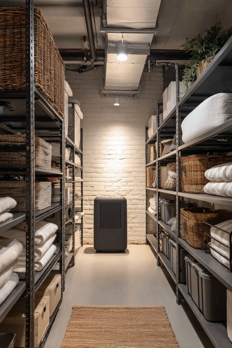 Grey resin ventilated shelving with sealed totes and a floor dehumidifier on a light grey epoxy basement floor
