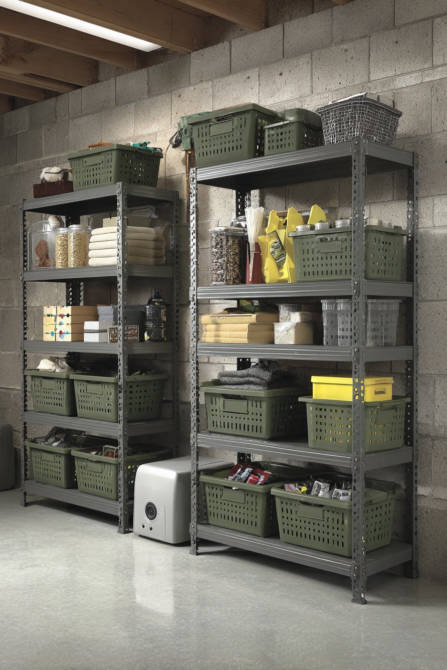 Grey resin ventilated shelving with sealed totes and a floor dehumidifier on a light grey epoxy basement floor