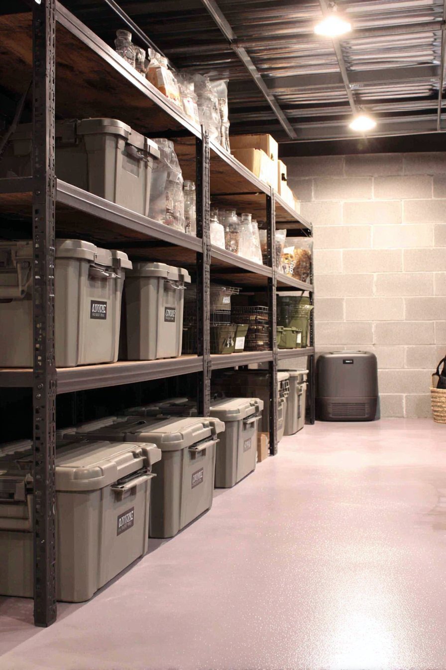 Grey resin ventilated shelving with sealed totes and a floor dehumidifier on a light grey epoxy basement floor