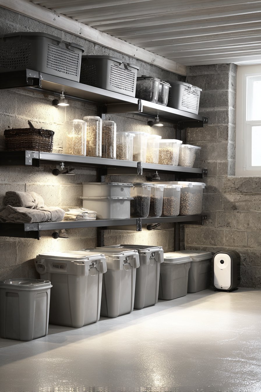 Grey resin ventilated shelving with sealed totes and a floor dehumidifier on a light grey epoxy basement floor