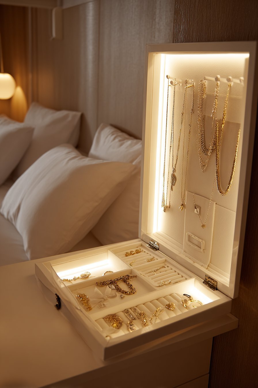 Open white-framed full-length mirror cabinet with hooks for necklaces, earring holders, ring cushions and bracelet bars