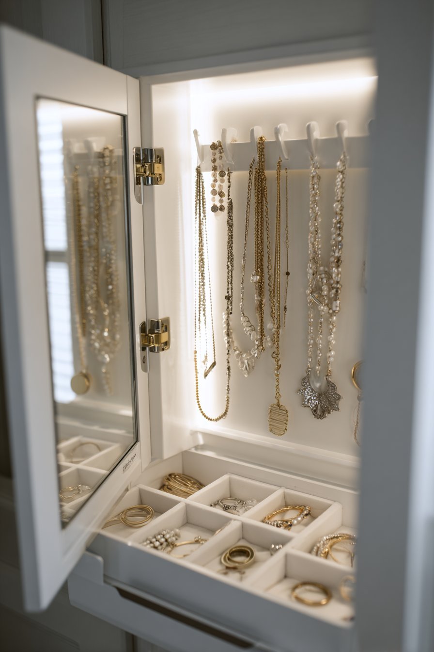 Open white-framed full-length mirror cabinet with hooks for necklaces, earring holders, ring cushions and bracelet bars