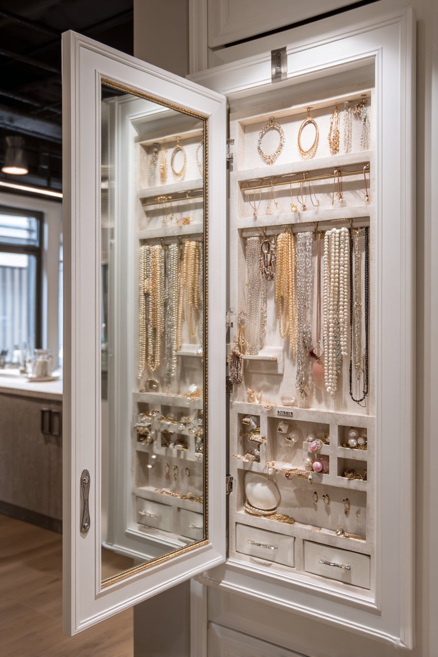Open white-framed full-length mirror cabinet with hooks for necklaces, earring holders, ring cushions and bracelet bars