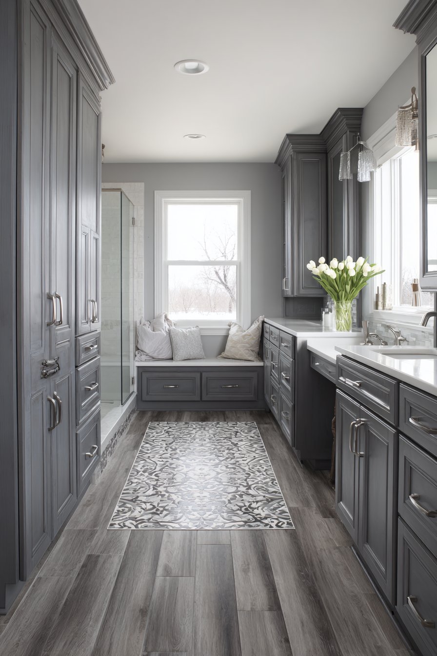 His and hers vanities on opposite walls, one dark wood and one painted, with a central makeup seat