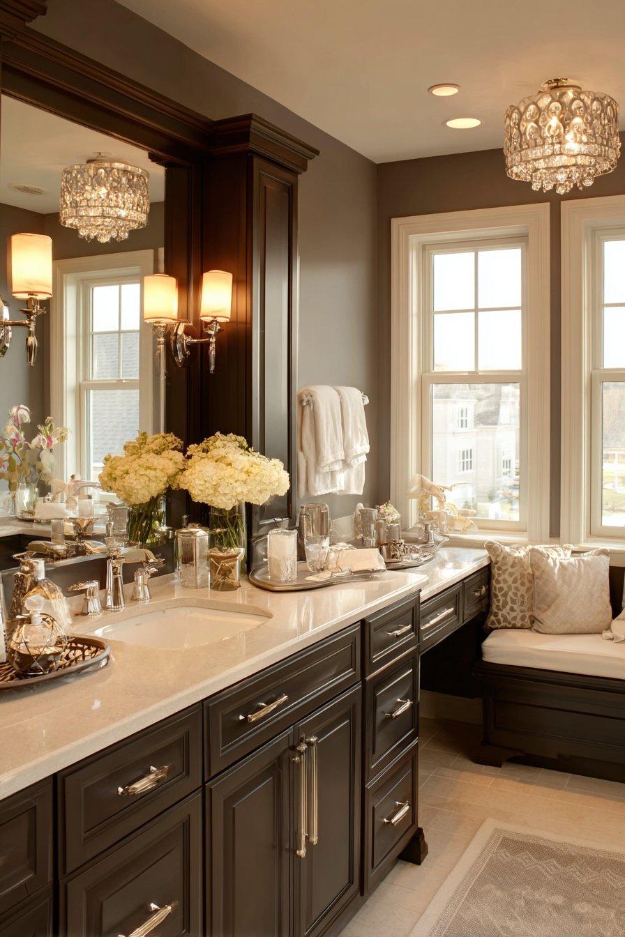 His and hers vanities on opposite walls, one dark wood and one painted, with a central makeup seat