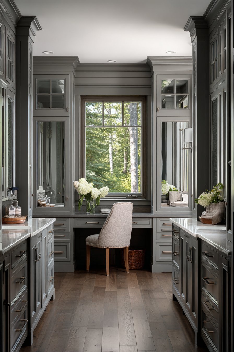 His and hers vanities on opposite walls, one dark wood and one painted, with a central makeup seat