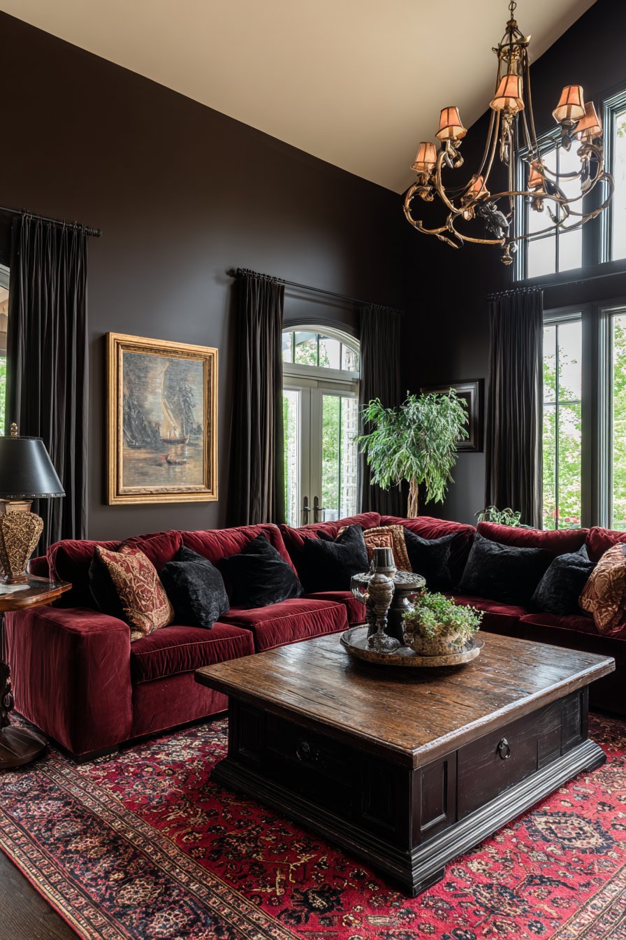 Mushroom brown walls with burgundy velvet sofa, carved antique coffee table, brass chandelier and Persian rug