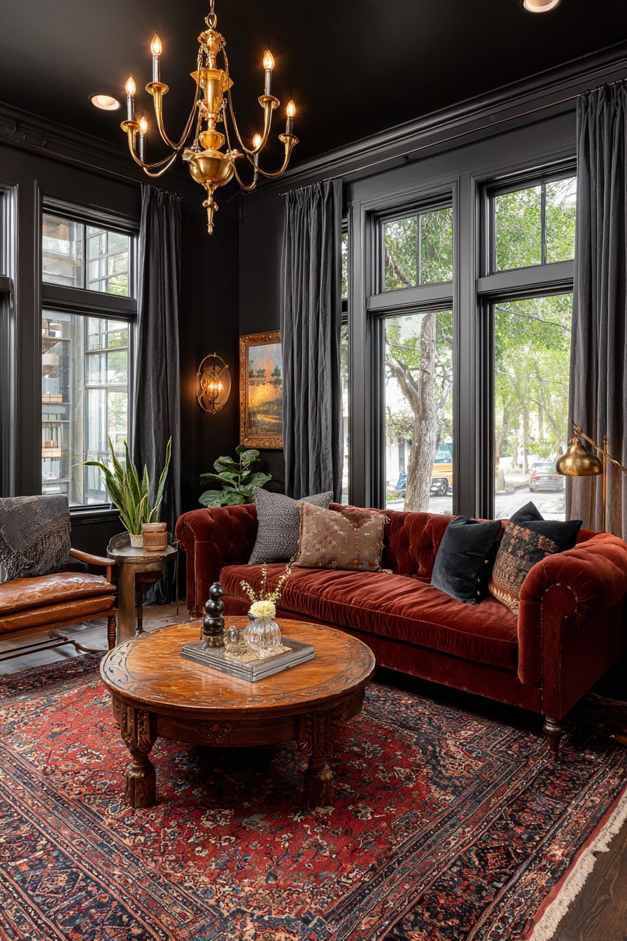 Mushroom brown walls with burgundy velvet sofa, carved antique coffee table, brass chandelier and Persian rug