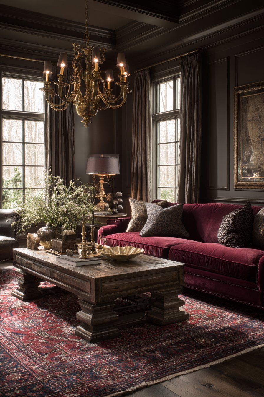 Mushroom brown walls with burgundy velvet sofa, carved antique coffee table, brass chandelier and Persian rug