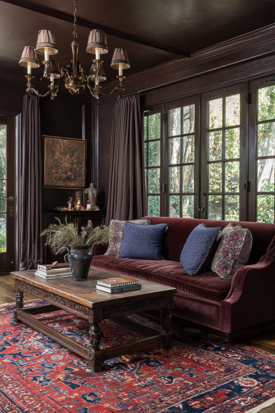 Mushroom brown walls with burgundy velvet sofa, carved antique coffee table, brass chandelier and Persian rug