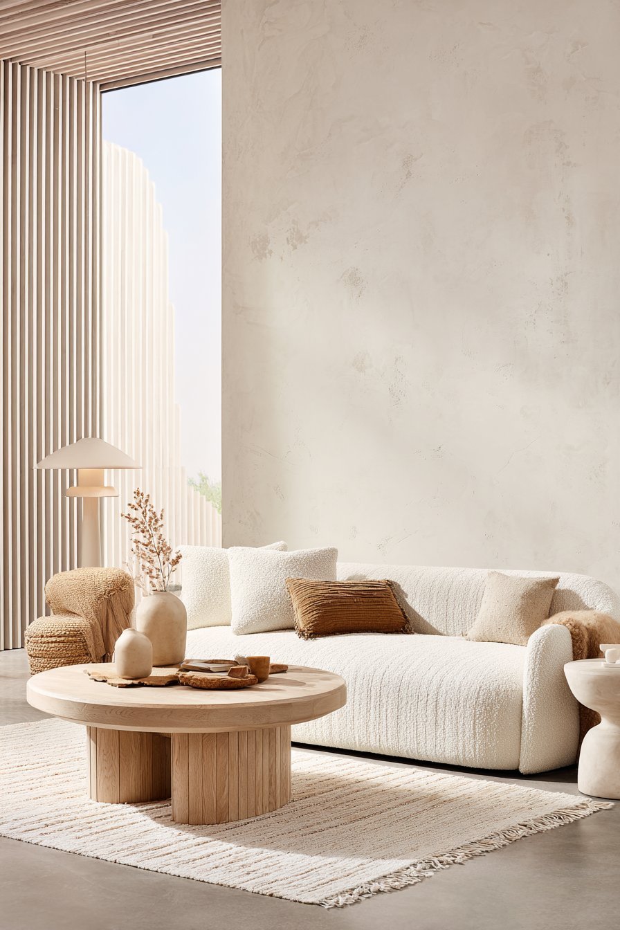 Monochrome white living room with warm white bouclé sofa, cerused oak coffee table and bone plaster walls