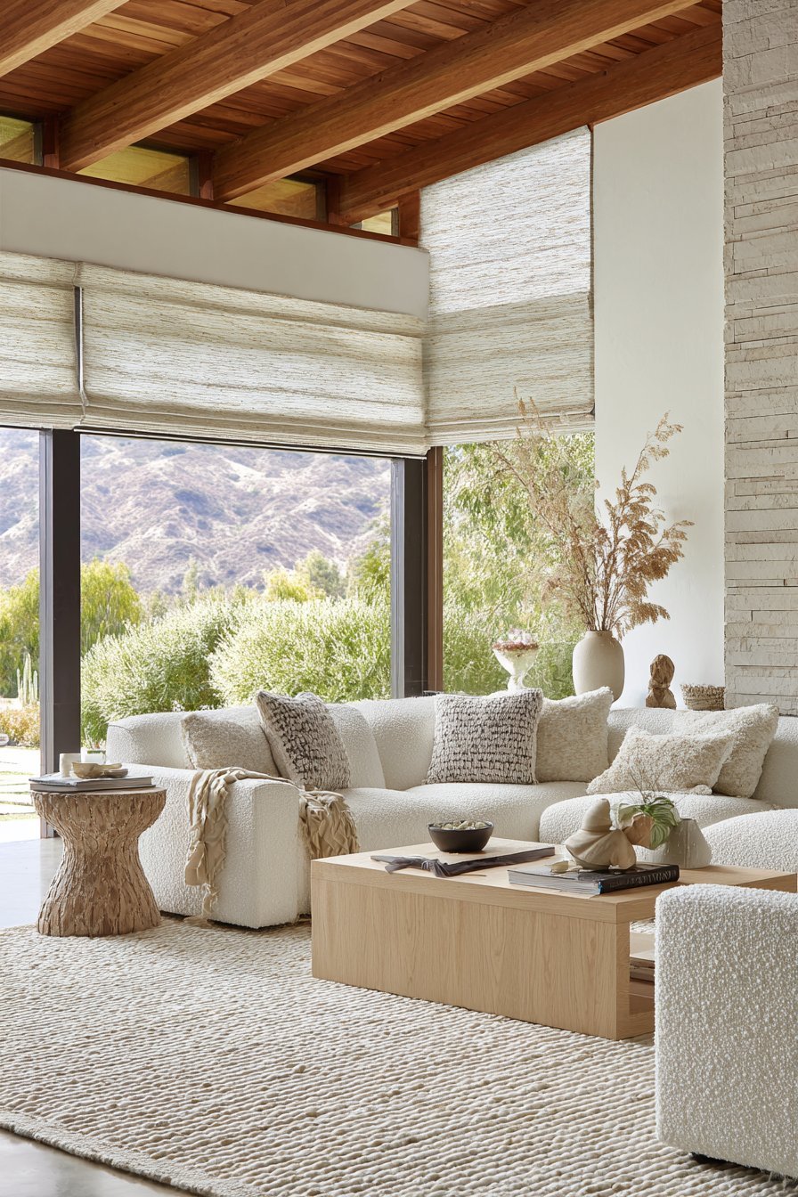 Monochrome white living room with warm white bouclé sofa, cerused oak coffee table and bone plaster walls