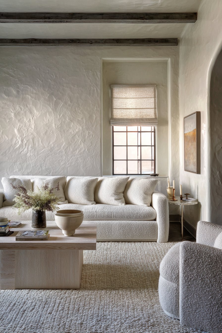 Monochrome white living room with warm white bouclé sofa, cerused oak coffee table and bone plaster walls