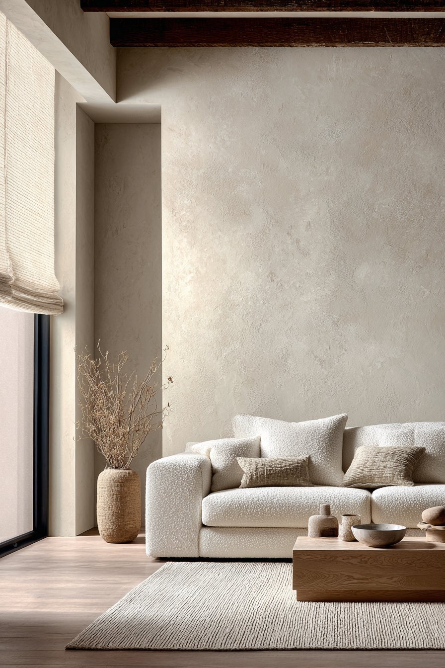 Monochrome white living room with warm white bouclé sofa, cerused oak coffee table and bone plaster walls