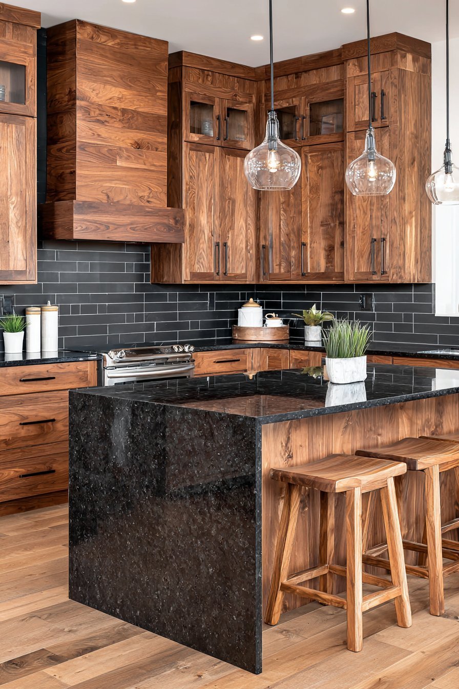 Horizontal grain walnut cabinets with black granite waterfall island, white subway tile and clear glass pendants