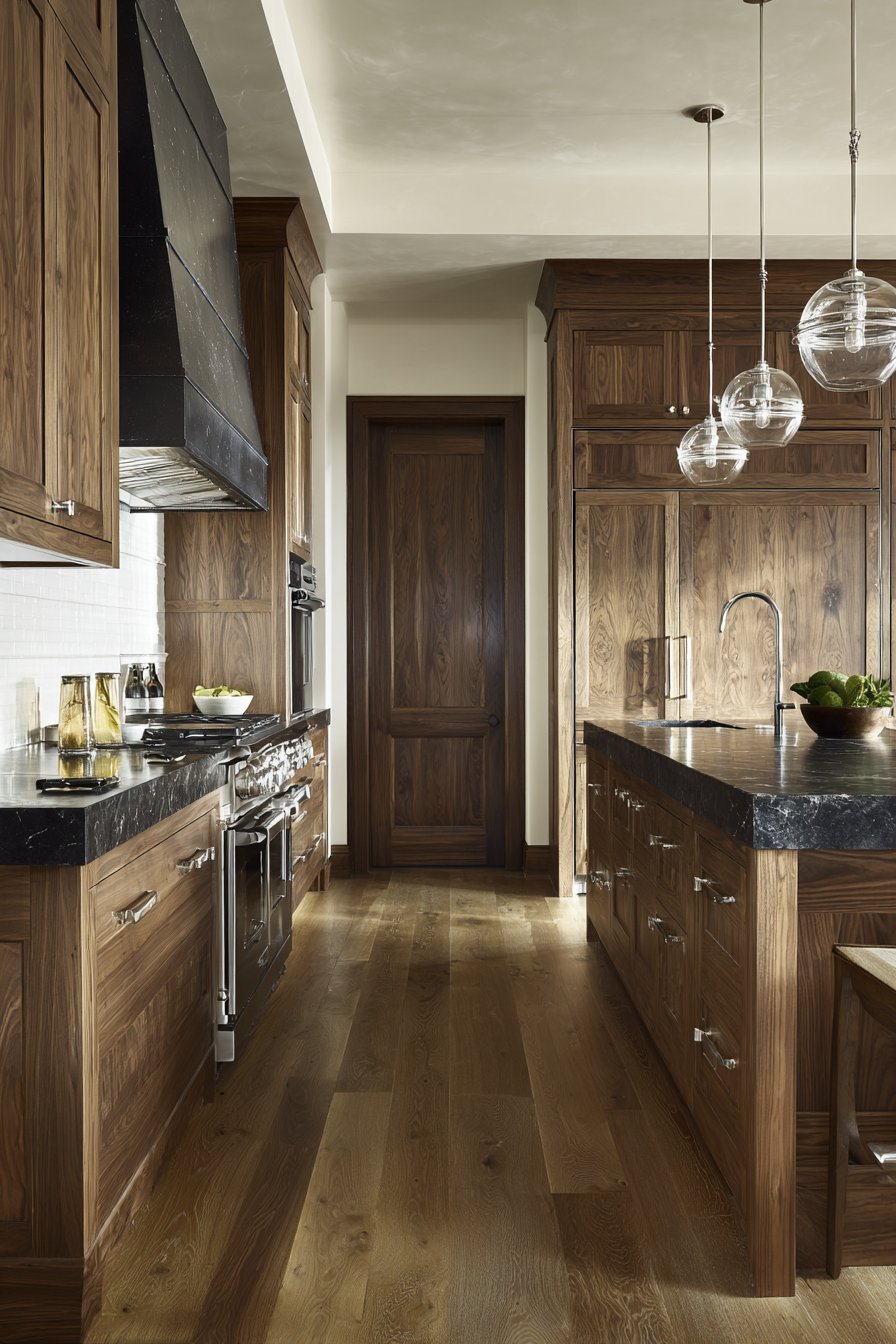 Horizontal grain walnut cabinets with black granite waterfall island, white subway tile and clear glass pendants
