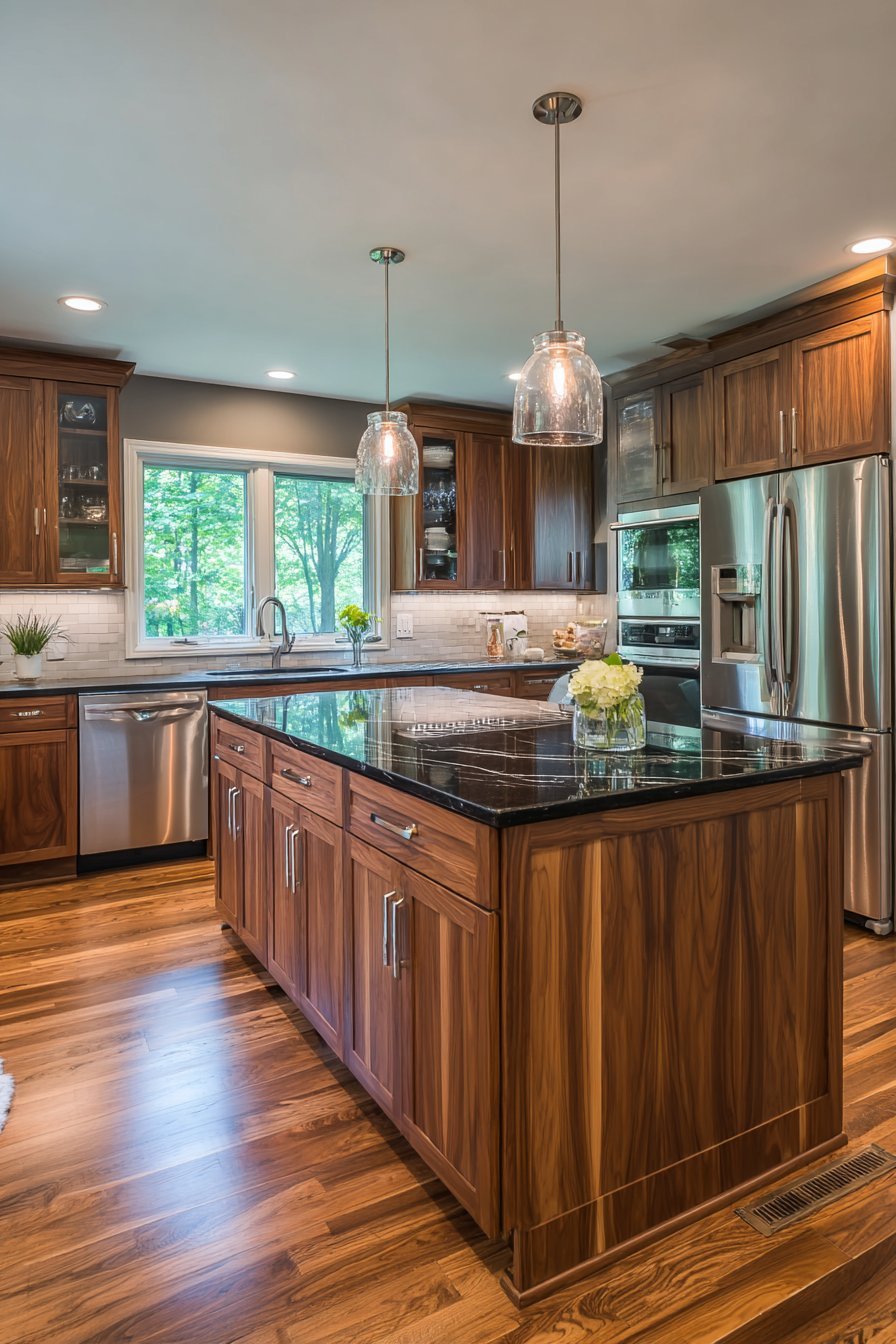Horizontal grain walnut cabinets with black granite waterfall island, white subway tile and clear glass pendants