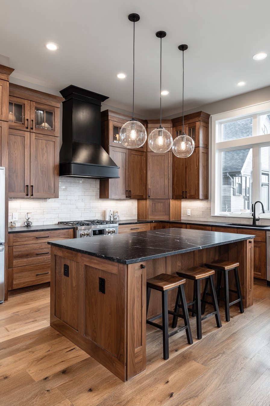 Horizontal grain walnut cabinets with black granite waterfall island, white subway tile and clear glass pendants