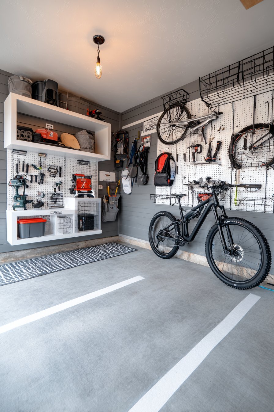 Basement storage wall with white pegboard of outlined tools, grey slatwall for sports gear and wire shelves