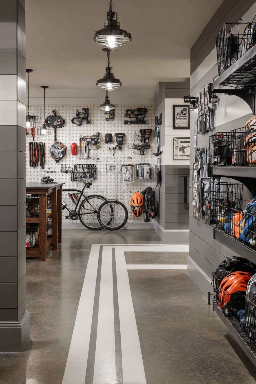 Basement storage wall with white pegboard of outlined tools, grey slatwall for sports gear and wire shelves