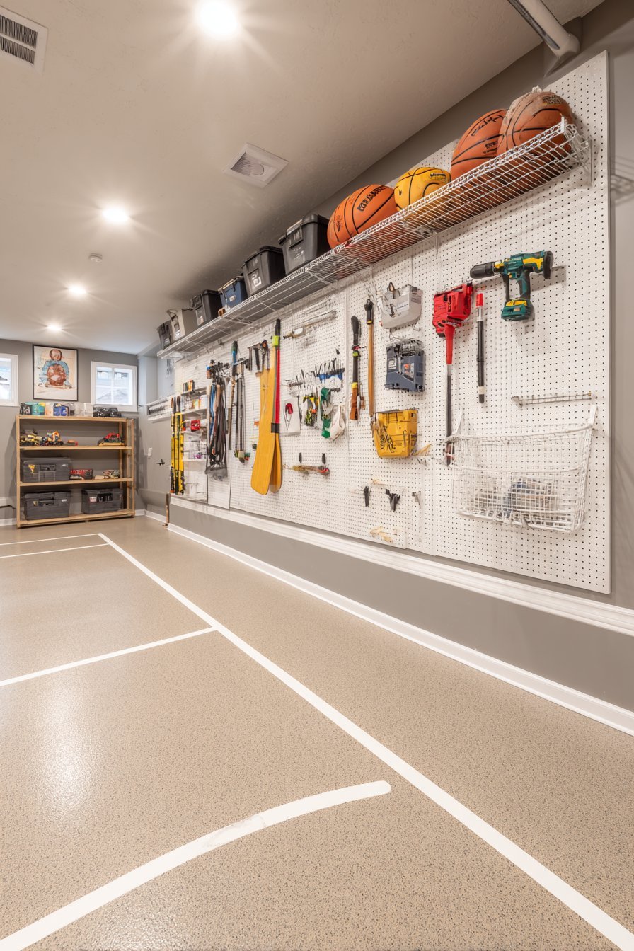 Basement storage wall with white pegboard of outlined tools, grey slatwall for sports gear and wire shelves