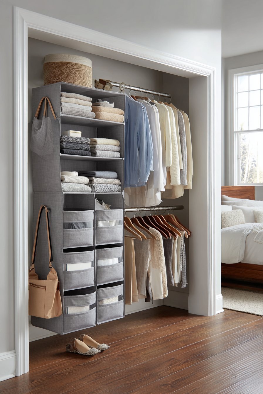 Grey canvas hanging closet organizer with clear window panels and shelves holding sweaters and bags