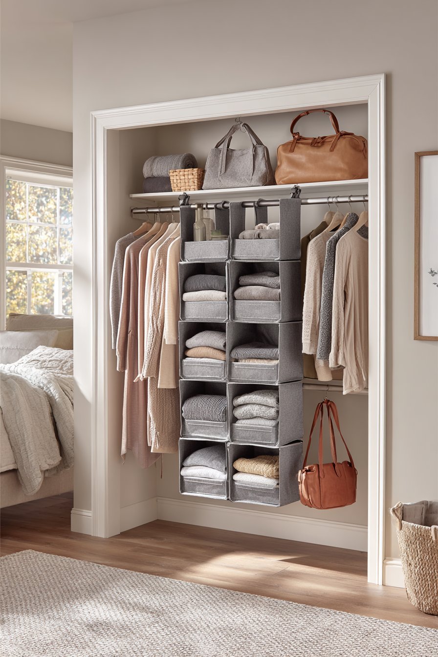 Grey canvas hanging closet organizer with clear window panels and shelves holding sweaters and bags