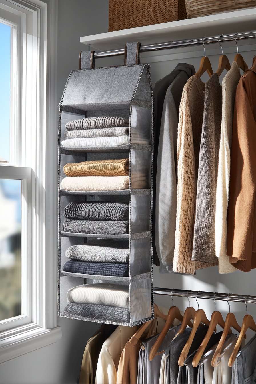 Grey canvas hanging closet organizer with clear window panels and shelves holding sweaters and bags