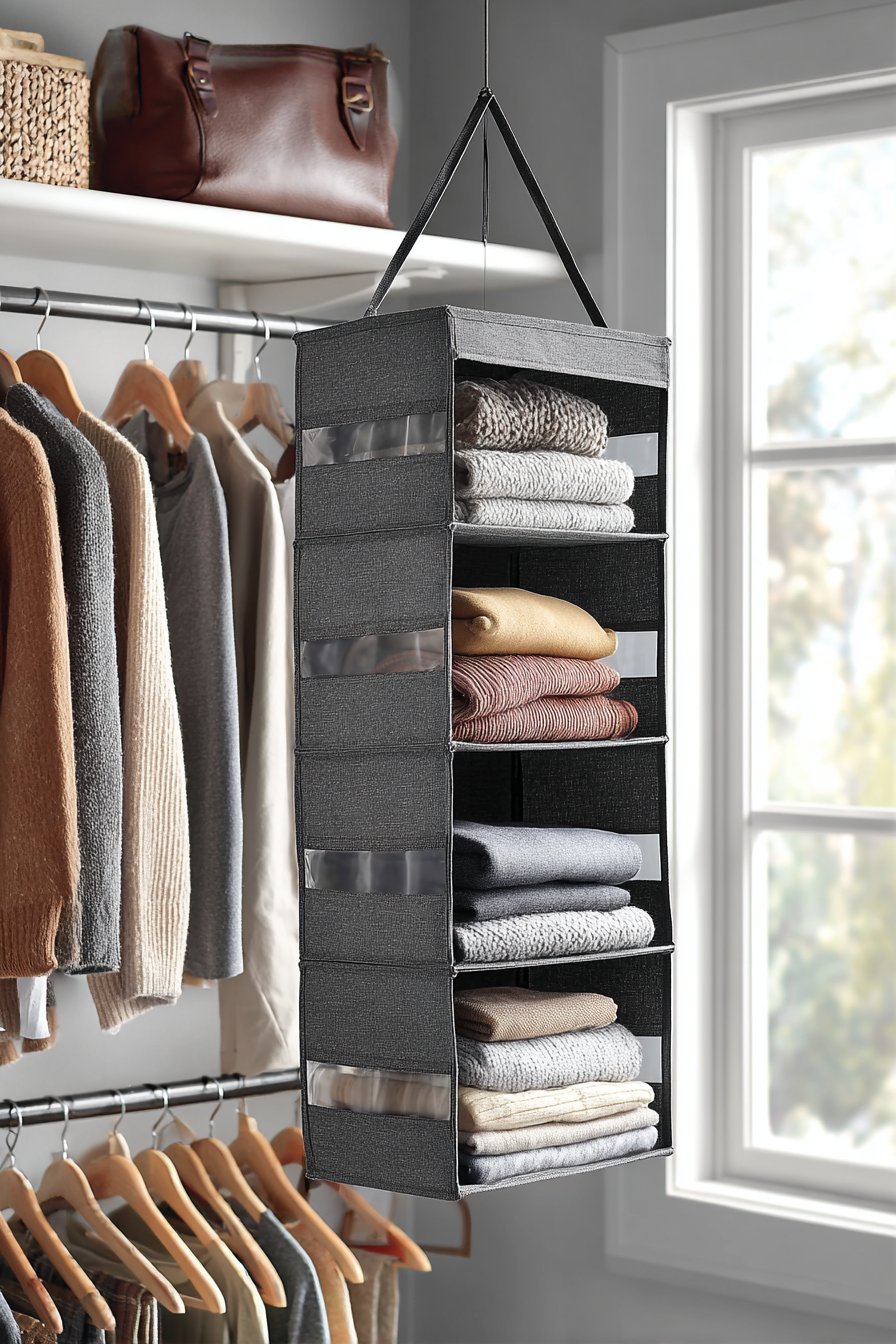 Grey canvas hanging closet organizer with clear window panels and shelves holding sweaters and bags