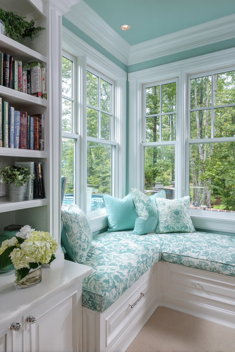 Bay window seat with aqua cushion, storage drawers, built-in shelves and garden view