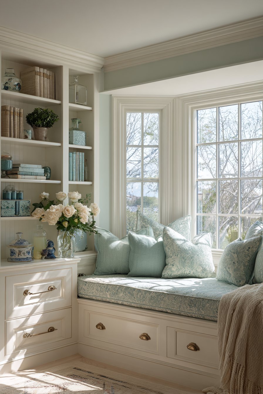 Bay window seat with aqua cushion, storage drawers, built-in shelves and garden view