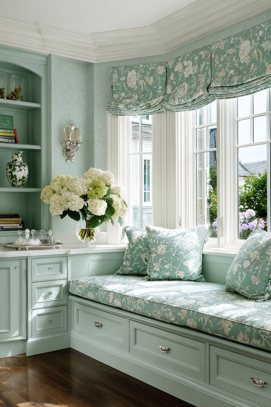 Bay window seat with aqua cushion, storage drawers, built-in shelves and garden view