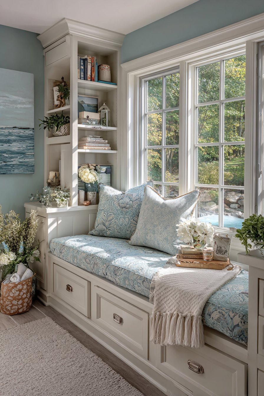 Bay window seat with aqua cushion, storage drawers, built-in shelves and garden view