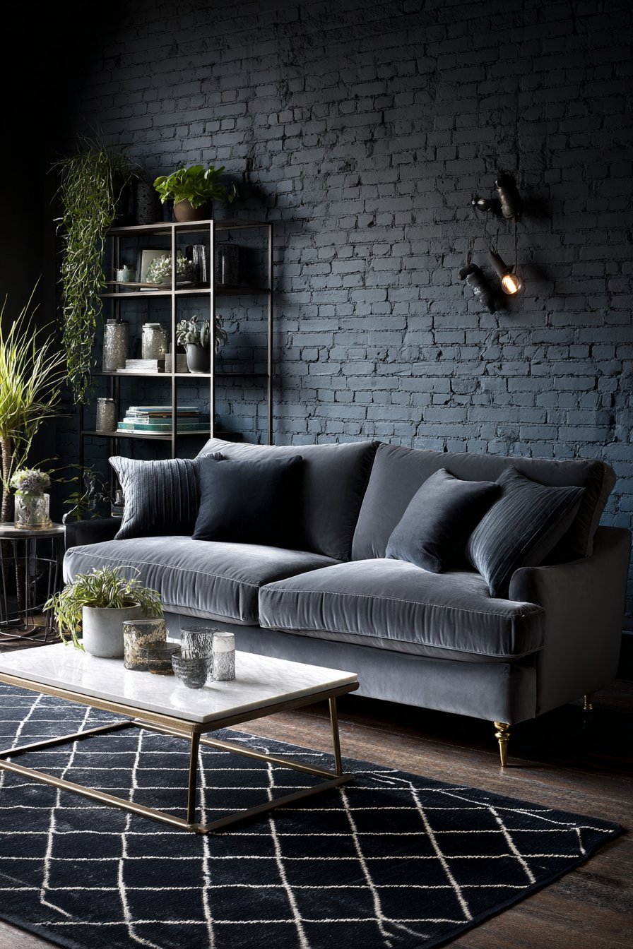 Dark painted brick wall beside navy walls, grey velvet sofa, marble-top table and black geometric rug