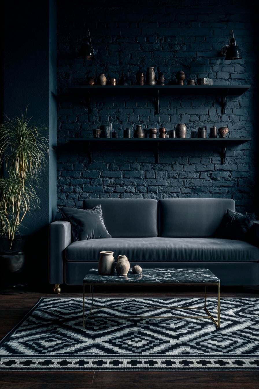 Dark painted brick wall beside navy walls, grey velvet sofa, marble-top table and black geometric rug
