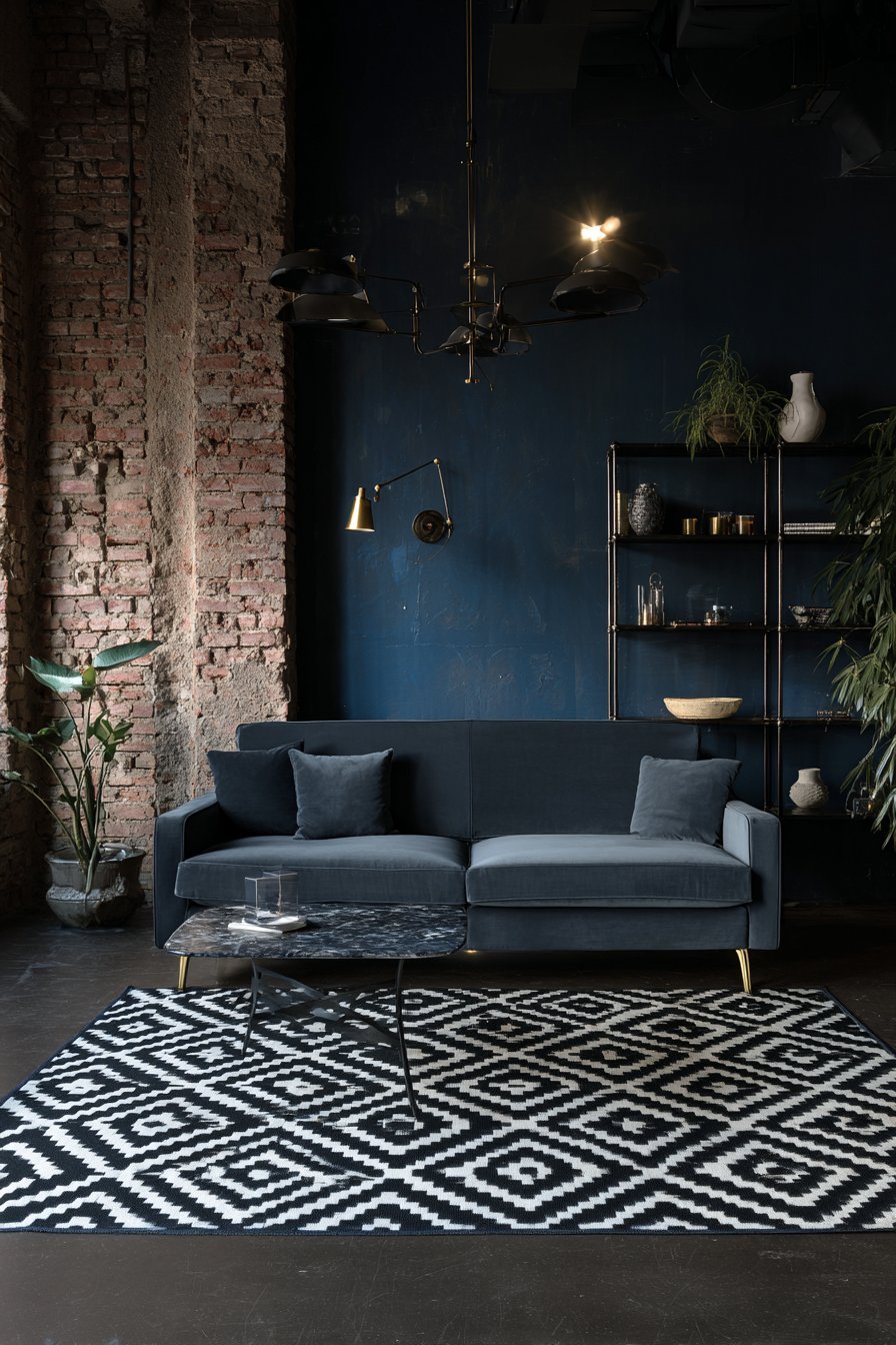 Dark painted brick wall beside navy walls, grey velvet sofa, marble-top table and black geometric rug