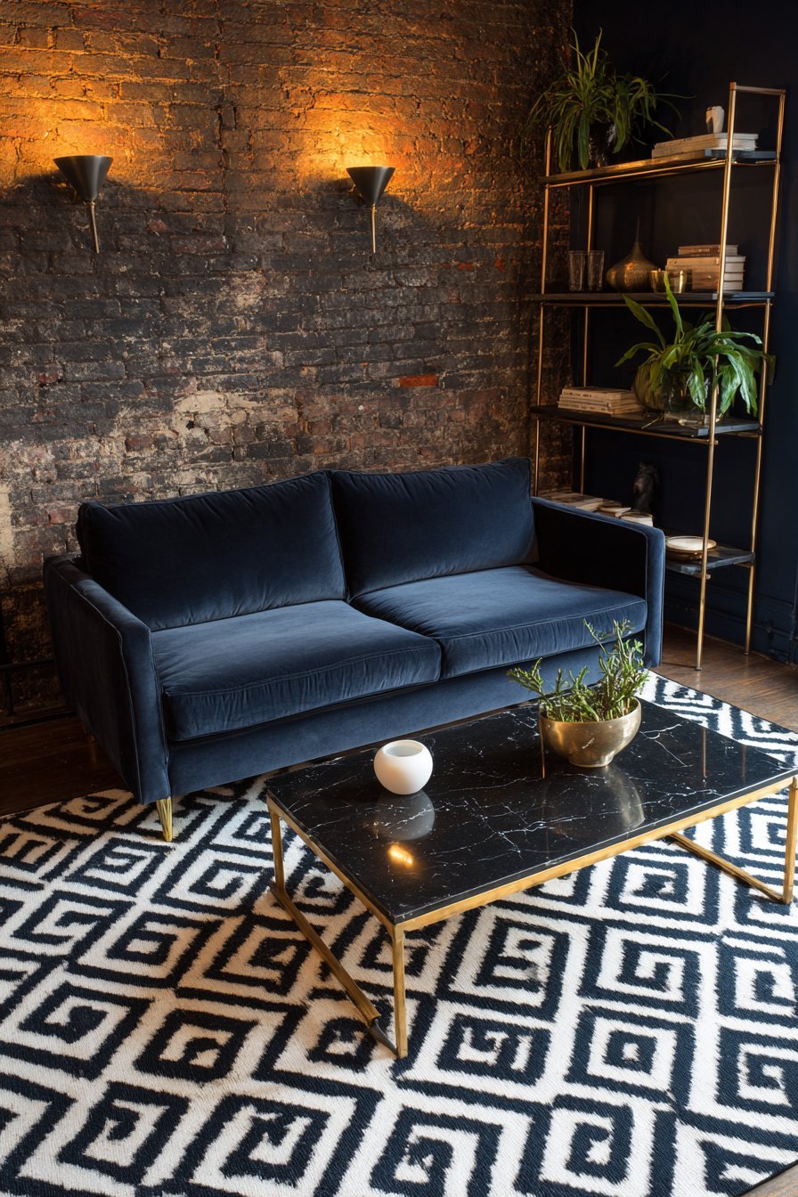 Dark painted brick wall beside navy walls, grey velvet sofa, marble-top table and black geometric rug