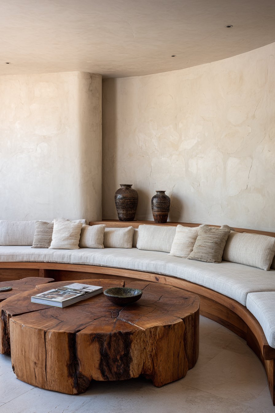 Organic modern living room with flax hemp-linen curved sofa, live-edge walnut table and sand adobe-style plaster walls