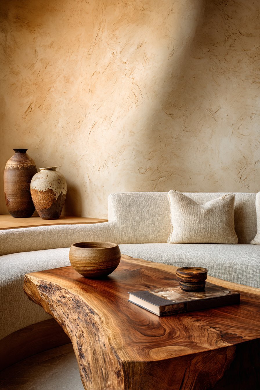 Organic modern living room with flax hemp-linen curved sofa, live-edge walnut table and sand adobe-style plaster walls