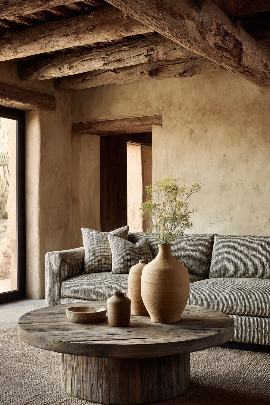 Organic modern living room with flax hemp-linen curved sofa, live-edge walnut table and sand adobe-style plaster walls