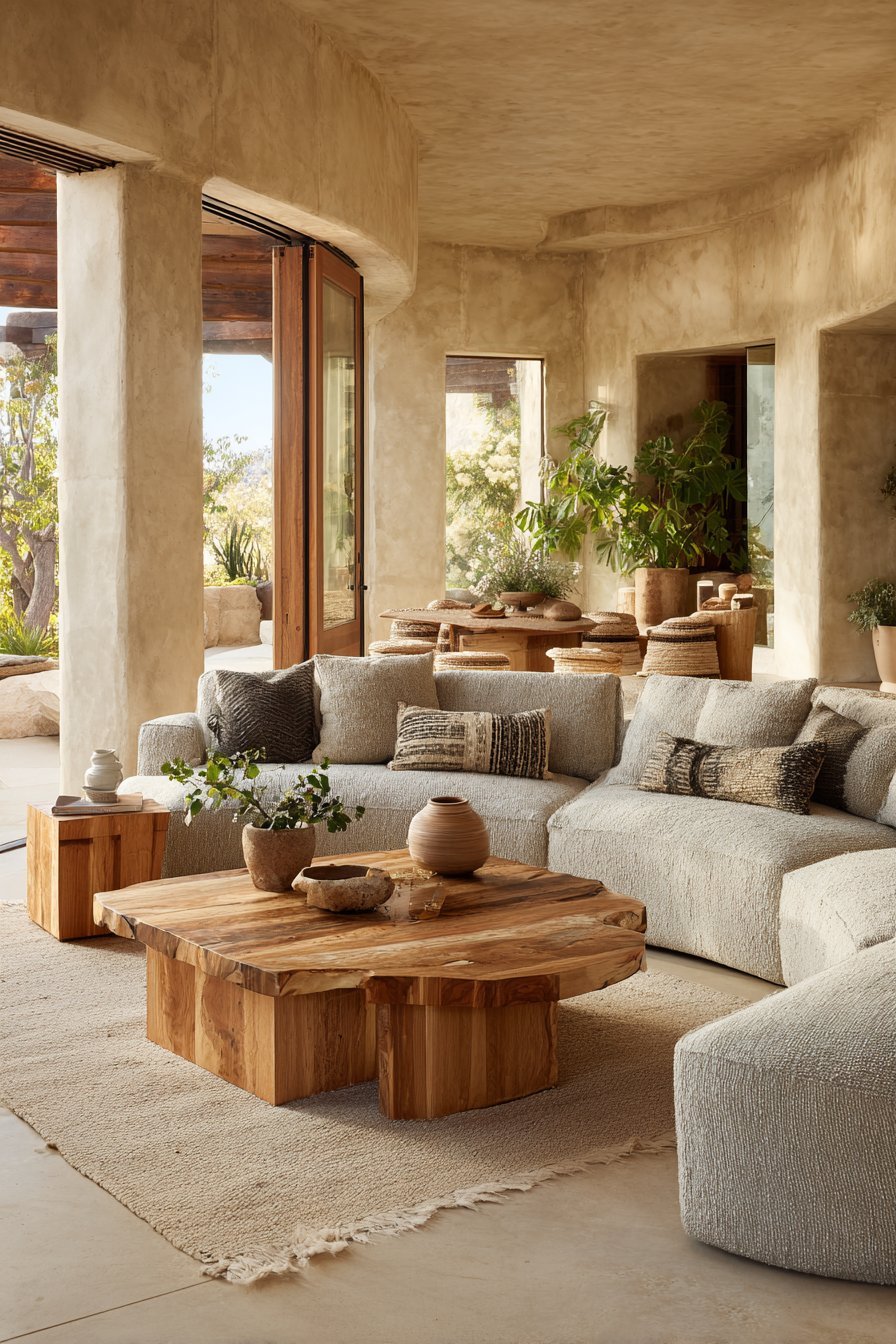 Organic modern living room with flax hemp-linen curved sofa, live-edge walnut table and sand adobe-style plaster walls