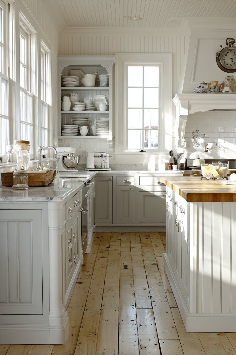 Soft grey shaker perimeter cabinets with white beadboard island, butcher block top and warm pine plank floor