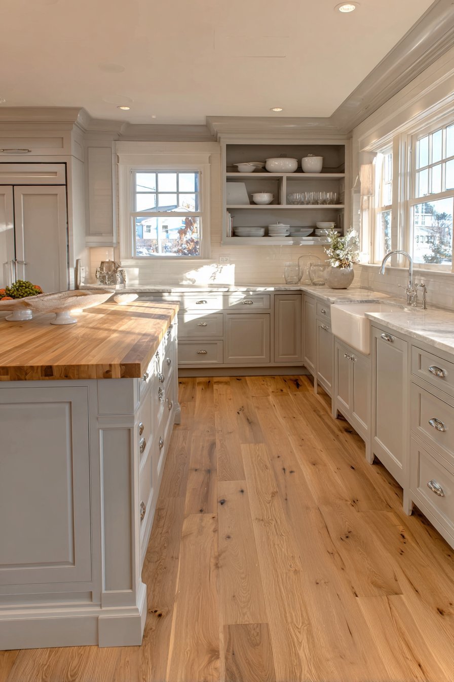 Soft grey shaker perimeter cabinets with white beadboard island, butcher block top and warm pine plank floor