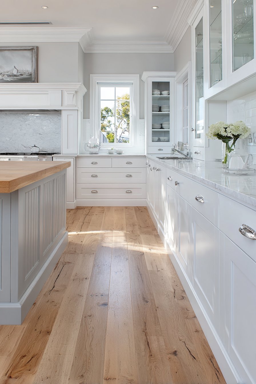 Soft grey shaker perimeter cabinets with white beadboard island, butcher block top and warm pine plank floor