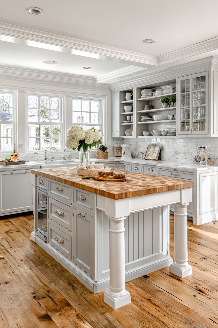 Soft grey shaker perimeter cabinets with white beadboard island, butcher block top and warm pine plank floor
