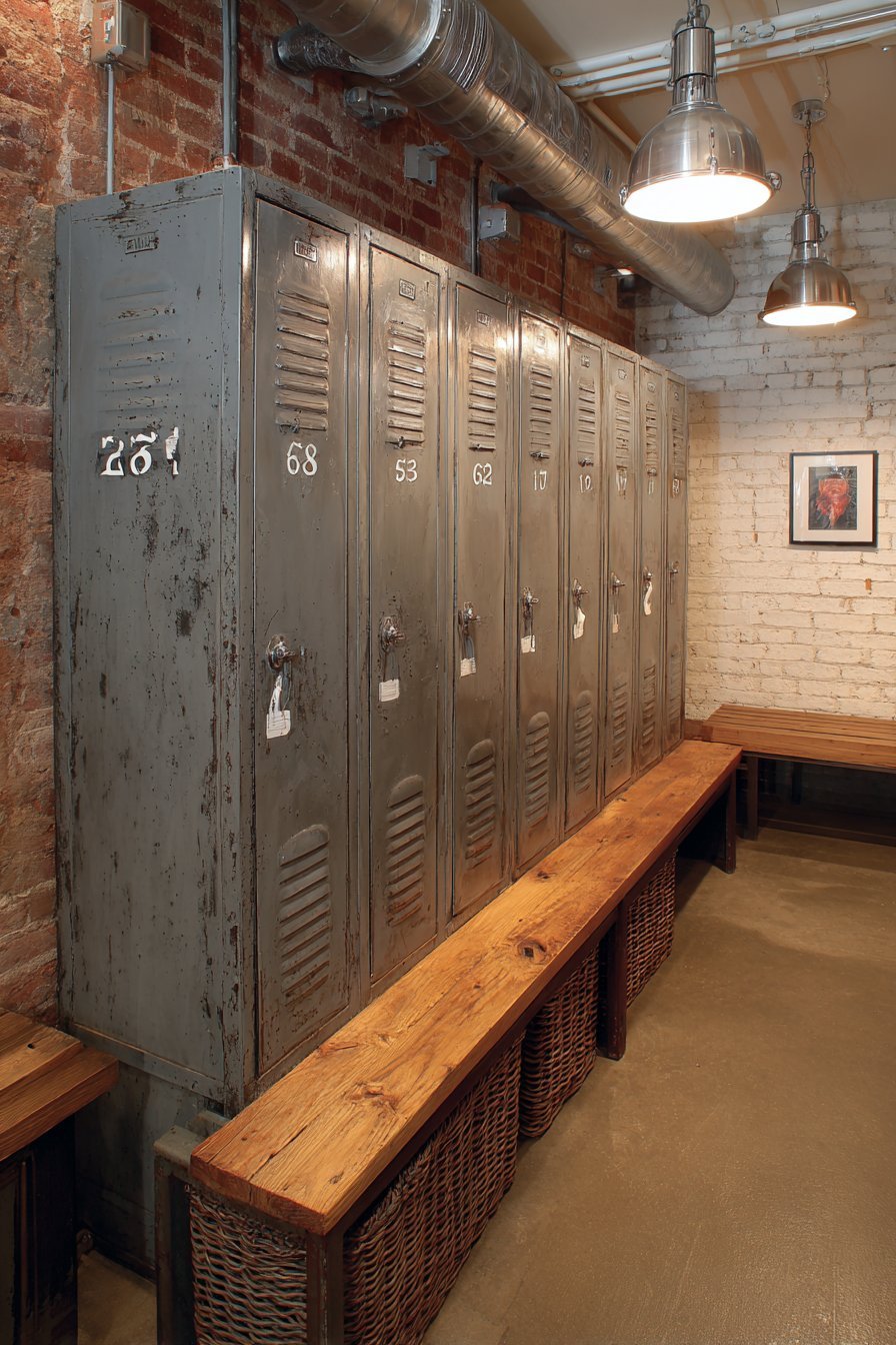 Vintage grey metal lockers with ventilation slots, a wooden bench with baskets and pendant lights in a brick basement