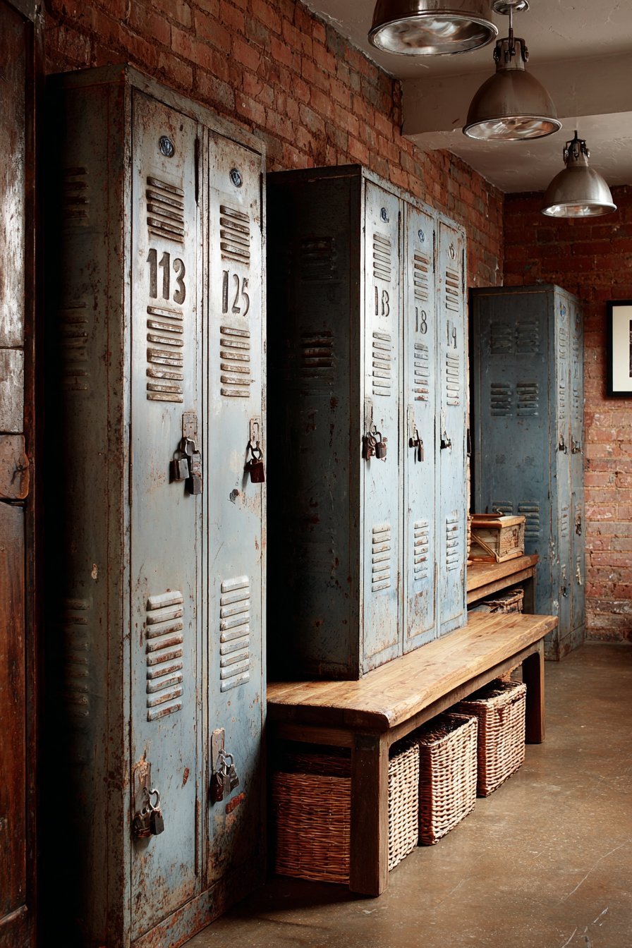 Vintage grey metal lockers with ventilation slots, a wooden bench with baskets and pendant lights in a brick basement