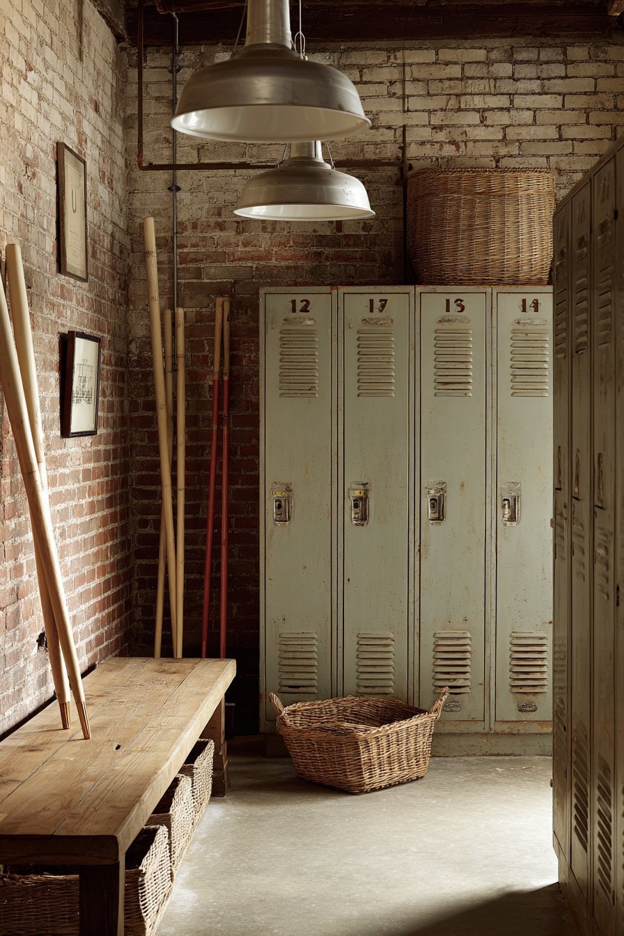 Vintage grey metal lockers with ventilation slots, a wooden bench with baskets and pendant lights in a brick basement