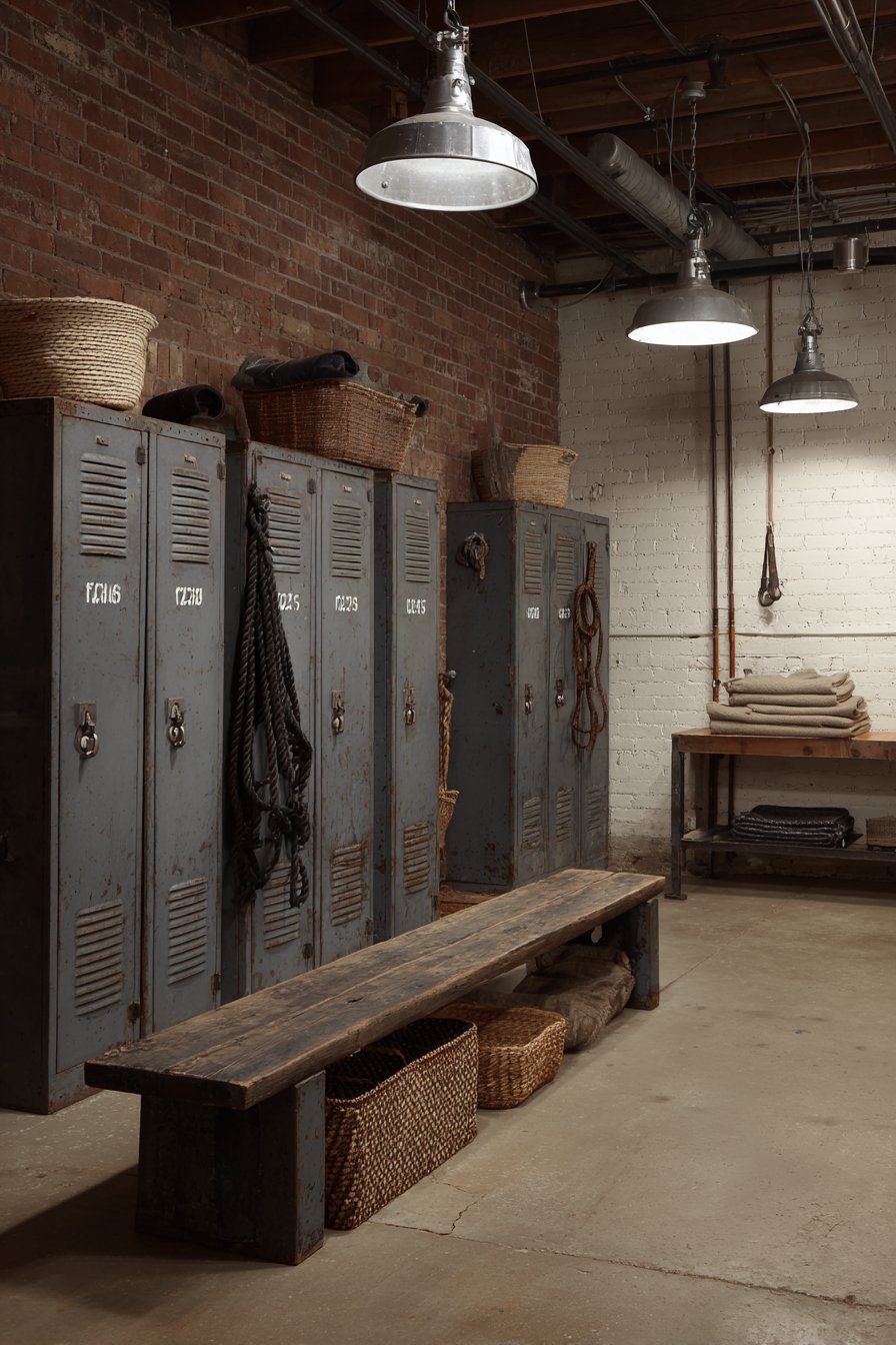 Vintage grey metal lockers with ventilation slots, a wooden bench with baskets and pendant lights in a brick basement