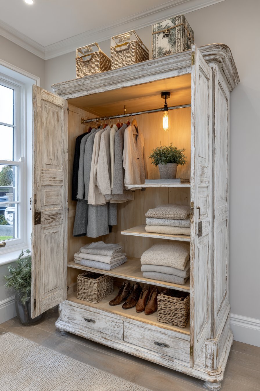 Weathered white armoire without doors, with hanging rod, shelves of folded items and shoes, woven baskets and a vintage bulb